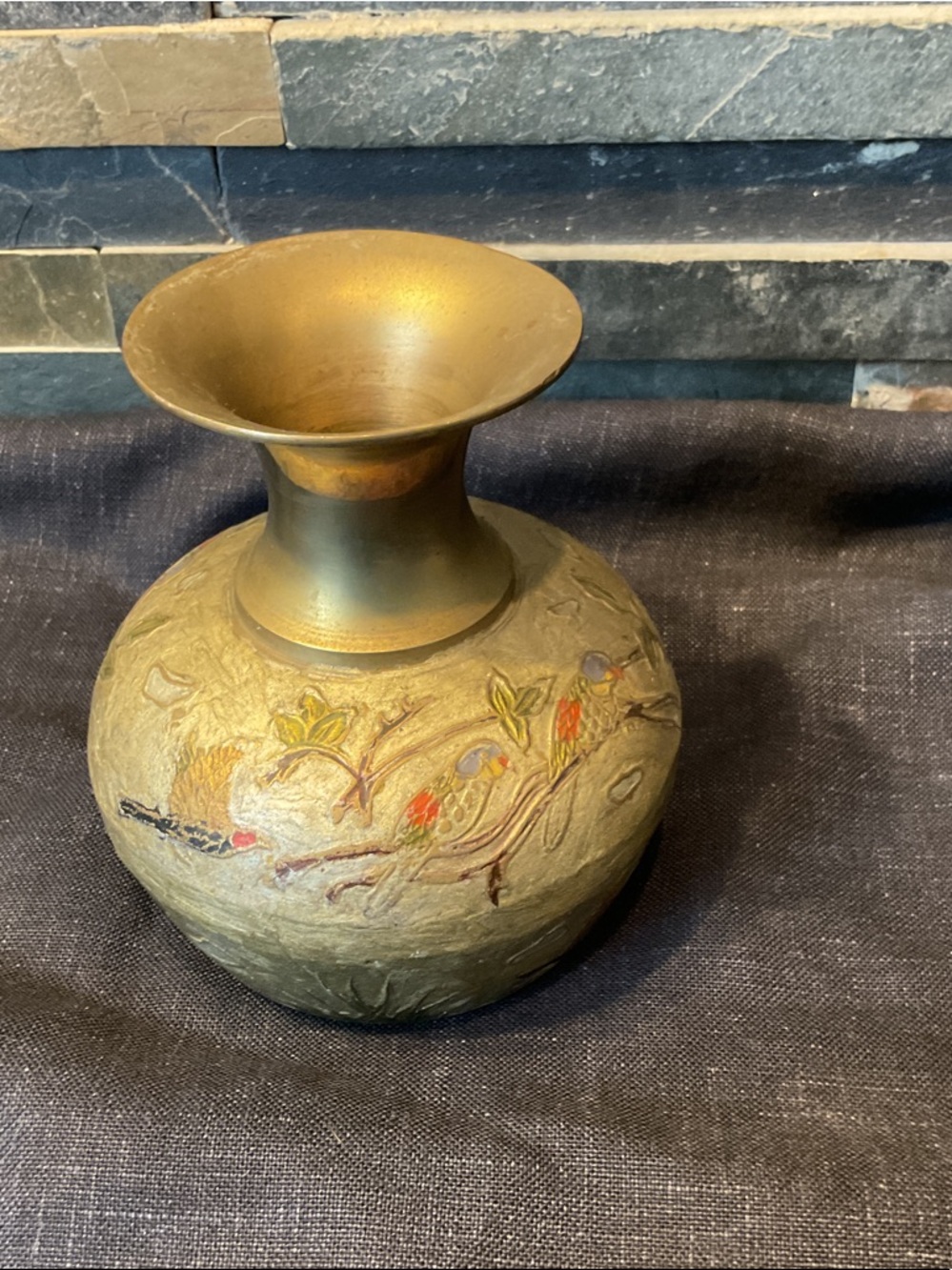 Vintage Brass Floral & Birds Vase 5” x 4”